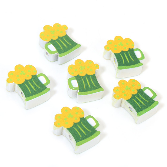 Picture of 10 PCs Wood St Patrick's Day Spacer Beads For DIY Charm Jewelry Making Beer Mug Green About 25mm x 19mm, Hole: Approx 2.5mm