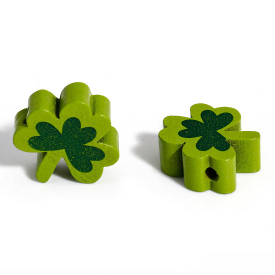 Picture of 10 PCs Wood St Patrick's Day Spacer Beads For DIY Charm Jewelry Making Round Green About 20mm x 20mm, Hole: Approx 2.5mm