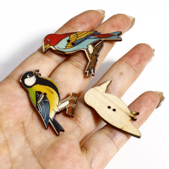 Picture of 50 PCs Natural Wood Buttons Scrapbooking 2 Holes Bird Animal Multicolor At Random Mixed 3.7x3cm - 3.5x2.2cm