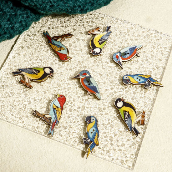 Picture of 50 PCs Natural Wood Buttons Scrapbooking 2 Holes Bird Animal Multicolor At Random Mixed 3.7x3cm - 3.5x2.2cm