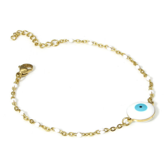 Picture of 1 Piece 304 Stainless Steel Link Cable Chain Bracelets 18K Gold Color White Evil Eye Enamel 18.5cm(7 2/8") long