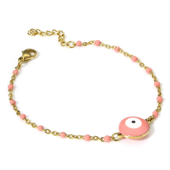 Picture of 1 Piece 304 Stainless Steel Link Cable Chain Bracelets 18K Gold Color Pink Evil Eye Enamel 18.5cm(7 2/8") long