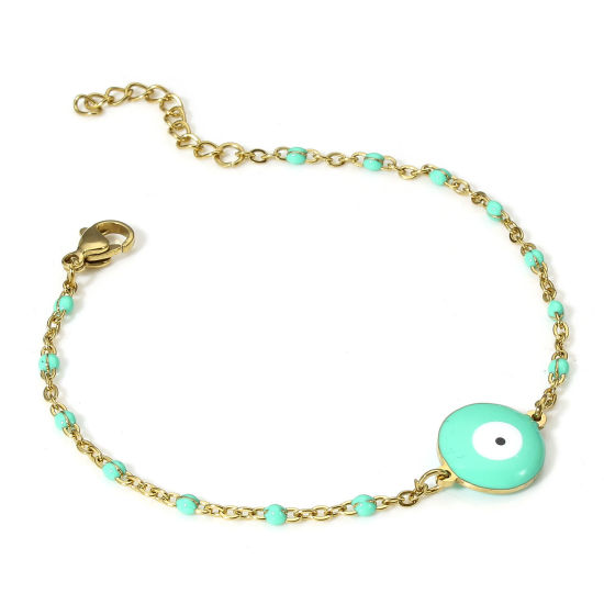 Picture of 1 Piece 304 Stainless Steel Link Cable Chain Bracelets 18K Gold Color Green Evil Eye Enamel 18.5cm(7 2/8") long