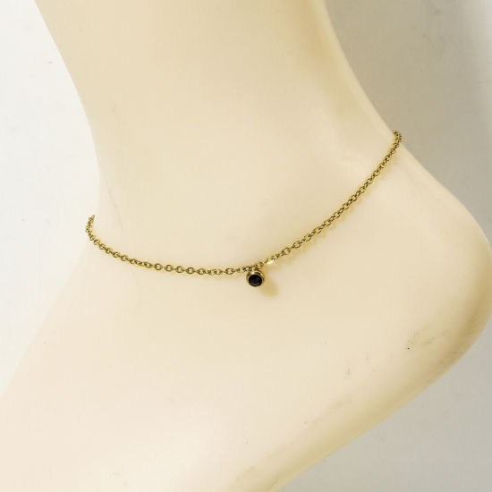 Picture of 1 Piece 304 Stainless Steel Link Cable Chain Anklet 18K Gold Color Round Black Rhinestone 22cm(8 5/8") long
