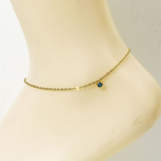Picture of 1 Piece 304 Stainless Steel Link Cable Chain Anklet 18K Gold Color Round Blue Rhinestone 22cm(8 5/8") long