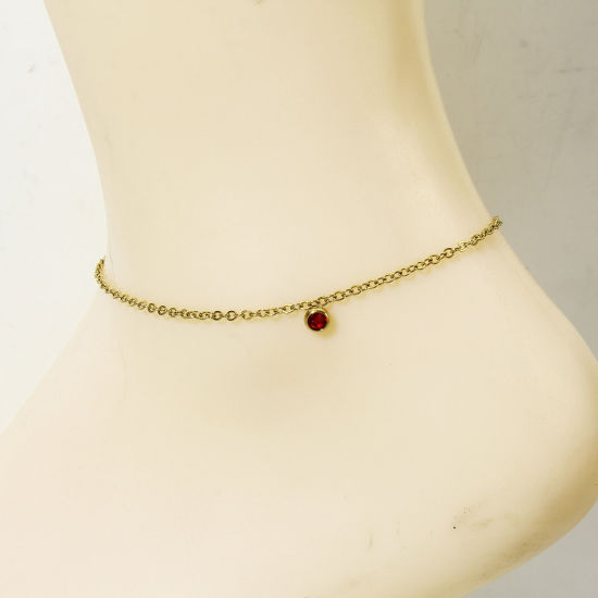 Picture of 1 Piece 304 Stainless Steel Link Cable Chain Anklet 18K Gold Color Round Red Rhinestone 22cm(8 5/8") long