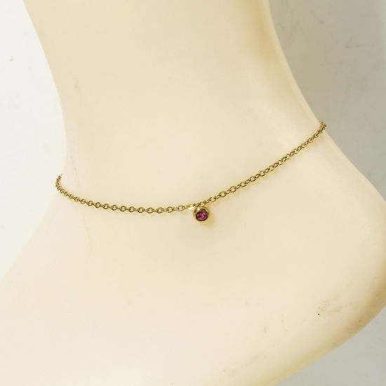 Picture of 1 Piece 304 Stainless Steel Link Cable Chain Anklet 18K Gold Color Round Pink Rhinestone 22cm(8 5/8") long