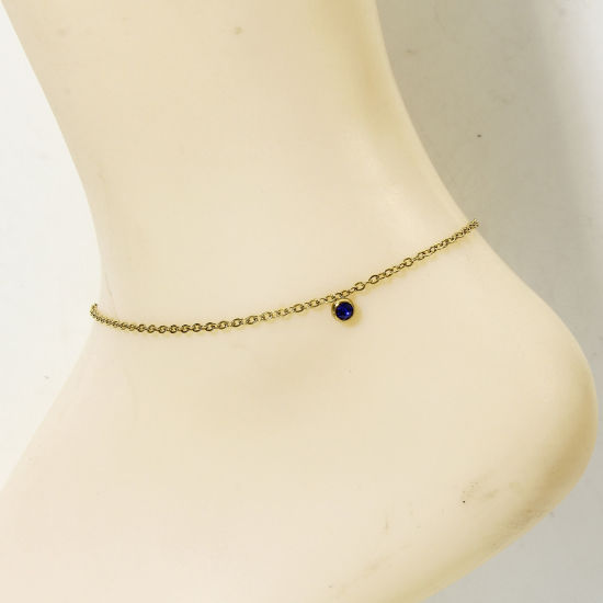 Picture of 1 Piece 304 Stainless Steel Link Cable Chain Anklet 18K Gold Color Round Dark Blue Rhinestone 22cm(8 5/8") long