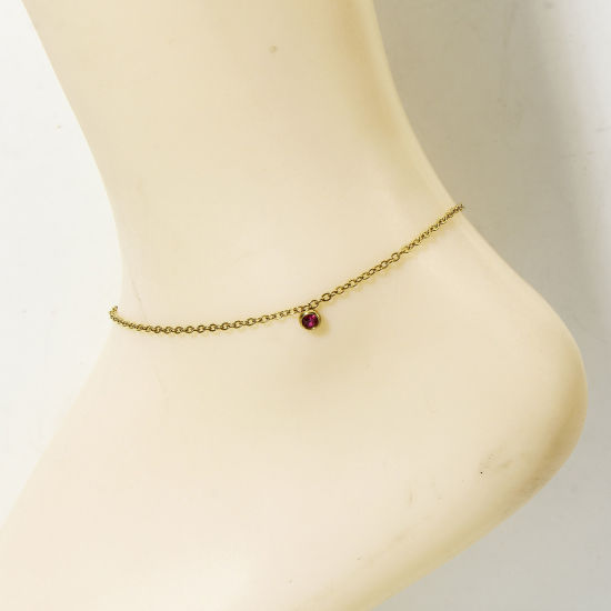 Picture of 1 Piece 304 Stainless Steel Link Cable Chain Anklet 18K Gold Color Round Fuchsia Rhinestone 22cm(8 5/8") long
