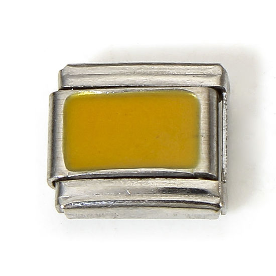 Picture of 2 PCs 304 Stainless Steel Italian Charm Links For DIY Bracelet Jewelry Making Silver Tone Yellow Rectangle Enamel 10mm x 9mm