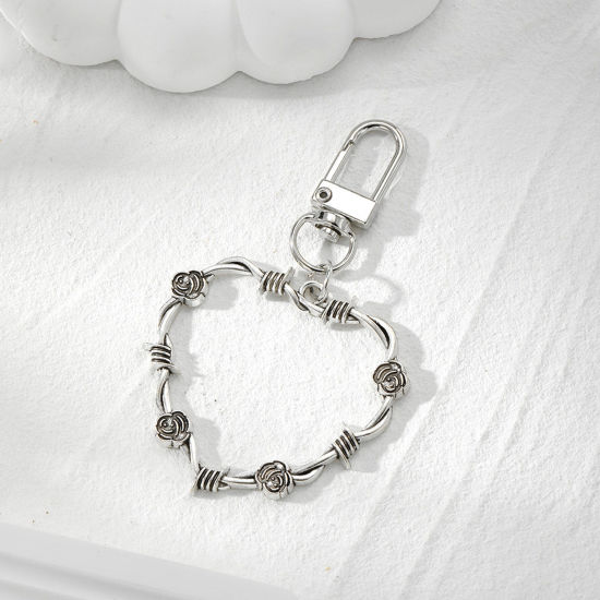 Picture of 1 Piece Retro Keychain & Keyring Antique Silver Color Thorns Heart 8.3cm x 4.9cm