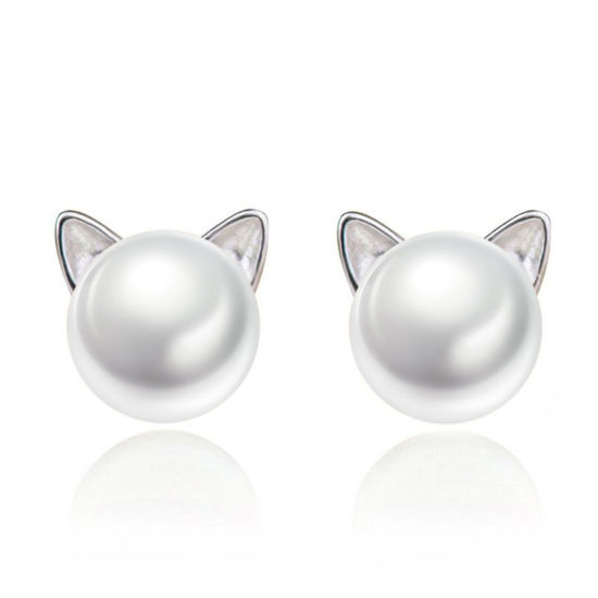 Picture of 1 Pair Brass Cute Ear Post Stud Earrings Platinum Plated Cat Animal Imitation Pearl 10mm x 8mm