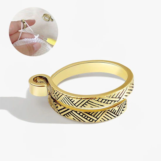 Picture of 1 Piece Brass Retro Open Adjustable Knitting Crochet Loop Yarn Guide Finger Ring Carved Pattern Gold Tone Antique Gold 17mm(US Size 6.5)