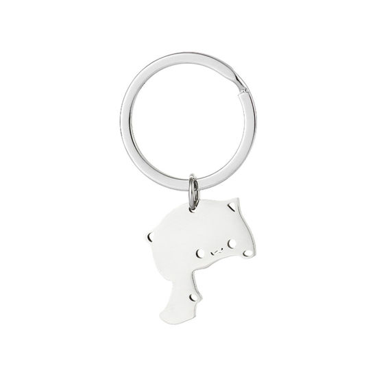 Picture of 1 Piece 202 Stainless Steel Cute Keychain & Keyring Silver Tone Cat Animal 2.7cm x 2.5cm