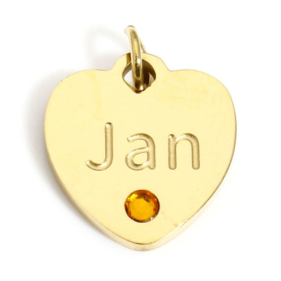 Immagine di 1 Pz Placcatura Sottovuoto 304 Acciaio Inossidabile Pietre Nascita Ciondoli Cuore Oro Placcato Messaggio " January " Arancione Strass 12mm x 11mm