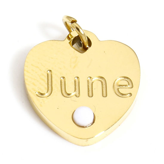 Immagine di 1 Pz Placcatura Sottovuoto 304 Acciaio Inossidabile Pietre Nascita Ciondoli Cuore Oro Placcato Bianco Messaggio " June " Turchese Imitato 12mm x 11mm