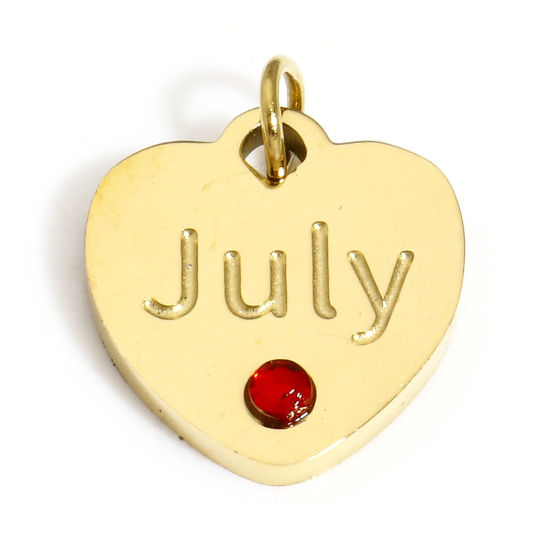 Immagine di 1 Pz Placcatura Sottovuoto 304 Acciaio Inossidabile Pietre Nascita Ciondoli Cuore Oro Placcato Messaggio " July " Rosso Strass 12mm x 11mm