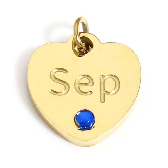 Immagine di 1 Pz Placcatura Sottovuoto 304 Acciaio Inossidabile Pietre Nascita Ciondoli Cuore Oro Placcato Messaggio " September " Blu Marino Strass 12mm x 11mm