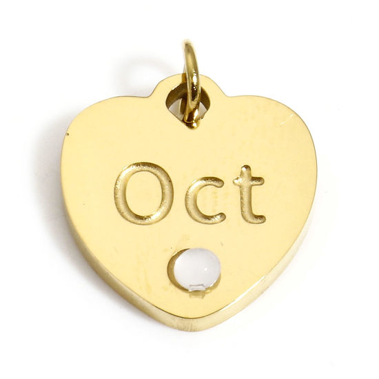 Immagine di 1 Pz Placcatura Sottovuoto 304 Acciaio Inossidabile Pietre Nascita Ciondoli Cuore Oro Placcato Color Latteo Messaggio " October " Opale Imitazione 12mm x 11mm