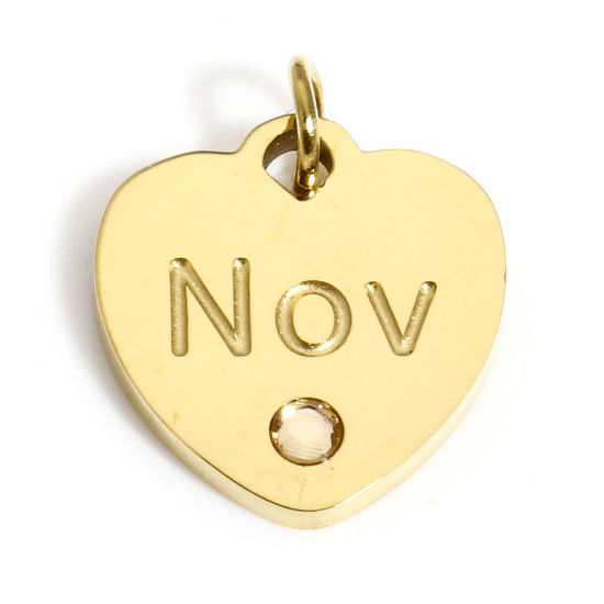 Immagine di 1 Pz Placcatura Sottovuoto 304 Acciaio Inossidabile Pietre Nascita Ciondoli Cuore Oro Placcato Messaggio " November " Lt.Col.Topazio Strass 12mm x 11mm