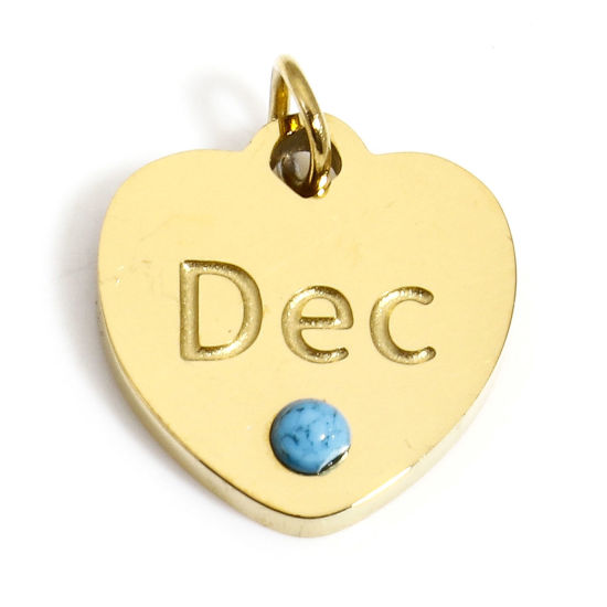 Immagine di 1 Pz Placcatura Sottovuoto 304 Acciaio Inossidabile Pietre Nascita Ciondoli Cuore Oro Placcato Blu Messaggio " December " Turchese Imitato 12mm x 11mm