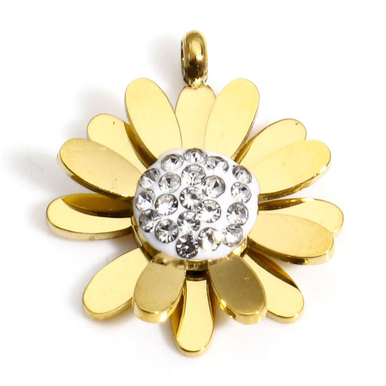 Immagine di 1 Pz Placcatura Sottovuoto Ecologica 304 Acciaio Inossidabile Elegante Charms Fiore Margherita Oro Placcato Trasparente Cubic Zirconiae 18mm x 15mm