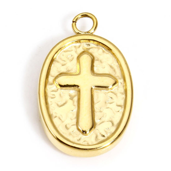 Immagine di 1 Pz Placcatura Sottovuoto Ecologica 304 Acciaio Inossidabile Martellato Charms Ovale Oro Placcato Croce 17.5mm x 10.5mm