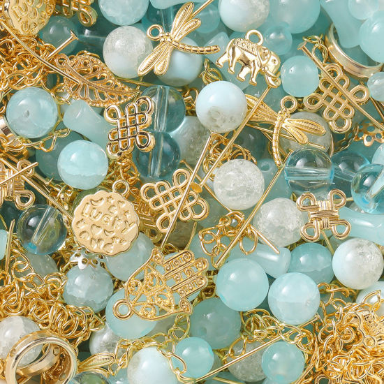 Bild von 1 Packung Zinklegierung & Glas Perlen-DIY-Kits für Armbänder, Halsketten, Schmuckherstellung, handgefertigte Accessoires Golden Blau Zufällig gemischt