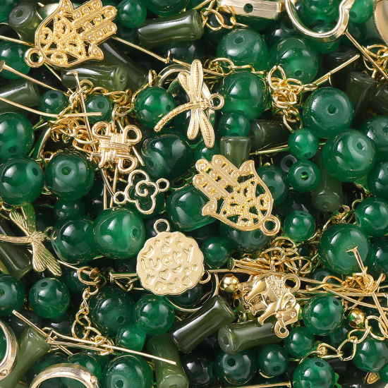 Bild von 1 Packung Zinklegierung & Glas Perlen-DIY-Kits für Armbänder, Halsketten, Schmuckherstellung, handgefertigte Accessoires Golden Dunkelgrün Zufällig gemischt
