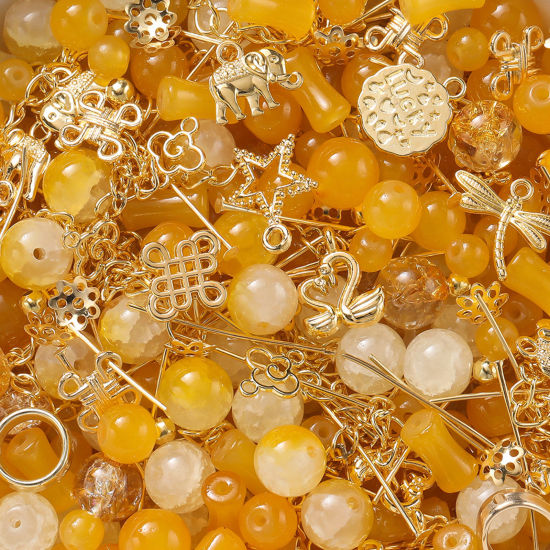 Bild von 1 Packung Zinklegierung & Glas Perlen-DIY-Kits für Armbänder, Halsketten, Schmuckherstellung, handgefertigte Accessoires Golden Orange Zufällig gemischt
