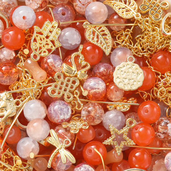 Bild von 1 Packung Zinklegierung & Glas Perlen-DIY-Kits für Armbänder, Halsketten, Schmuckherstellung, handgefertigte Accessoires Golden Orangerot Zufällig gemischt