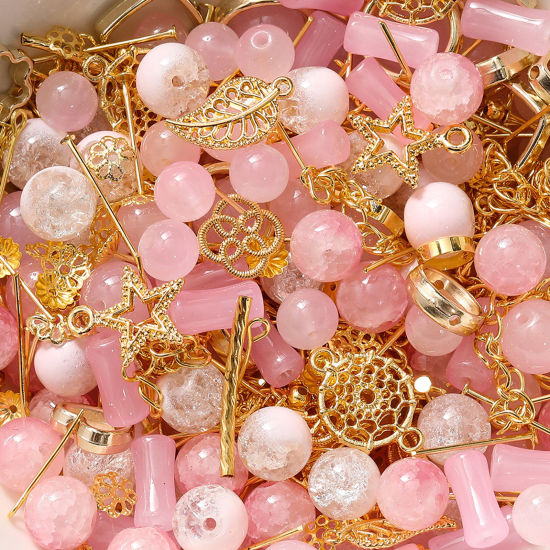 Bild von 1 Packung Zinklegierung & Glas Perlen-DIY-Kits für Armbänder, Halsketten, Schmuckherstellung, handgefertigte Accessoires Golden Rosa Zufällig gemischt