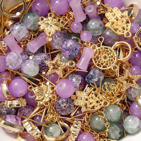 Bild von 1 Packung Zinklegierung & Glas Perlen-DIY-Kits für Armbänder, Halsketten, Schmuckherstellung, handgefertigte Accessoires Golden Lila Zufällig gemischt