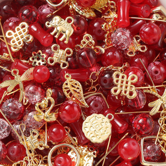 Bild von 1 Packung Zinklegierung & Glas Perlen-DIY-Kits für Armbänder, Halsketten, Schmuckherstellung, handgefertigte Accessoires Golden Rot Zufällig gemischt
