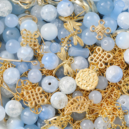Bild von 1 Packung Zinklegierung & Glas Perlen-DIY-Kits für Armbänder, Halsketten, Schmuckherstellung, handgefertigte Accessoires Golden Azurblau Zufällig gemischt