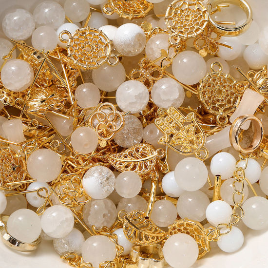 Bild von 1 Packung Zinklegierung & Glas Perlen-DIY-Kits für Armbänder, Halsketten, Schmuckherstellung, handgefertigte Accessoires Golden Weiß Zufällig gemischt