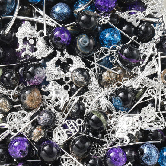 Bild von 1 Packung Zinklegierung & Glas Perlen-DIY-Kits für Armbänder, Halsketten, Schmuckherstellung, handgefertigte Accessoires Silbrig Schwarz Zufällig gemischt