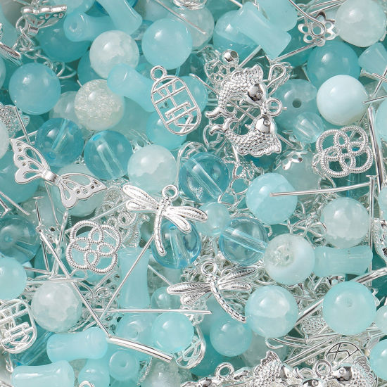 Bild von 1 Packung Zinklegierung & Glas Perlen-DIY-Kits für Armbänder, Halsketten, Schmuckherstellung, handgefertigte Accessoires Silbrig Blau Zufällig gemischt