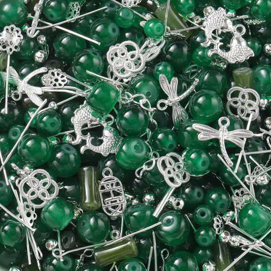 Bild von 1 Packung Zinklegierung & Glas Perlen-DIY-Kits für Armbänder, Halsketten, Schmuckherstellung, handgefertigte Accessoires Silbrig Dunkelgrün Zufällig gemischt