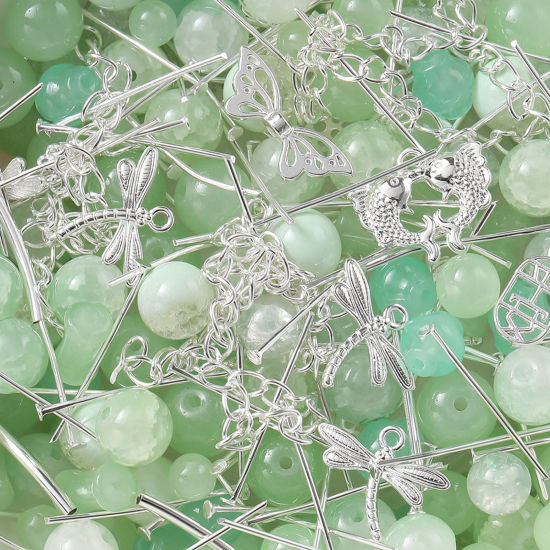 Bild von 1 Packung Zinklegierung & Glas Perlen-DIY-Kits für Armbänder, Halsketten, Schmuckherstellung, handgefertigte Accessoires Silbrig Grün Zufällig gemischt