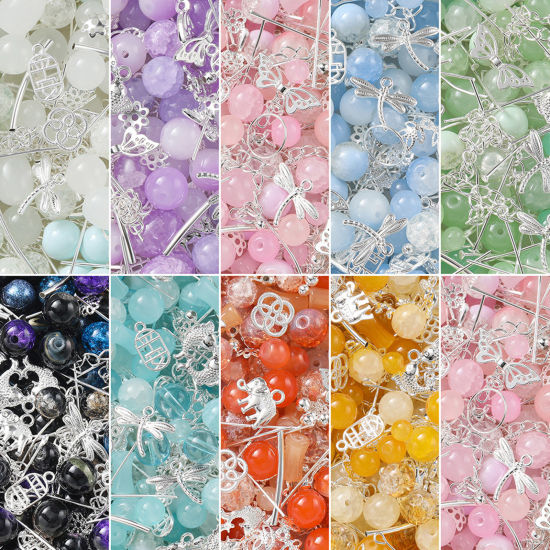 Bild von 1 Packung Zinklegierung & Glas Perlen-DIY-Kits für Armbänder, Halsketten, Schmuckherstellung, handgefertigte Accessoires Silbrig Zufällig Gemischte Farben