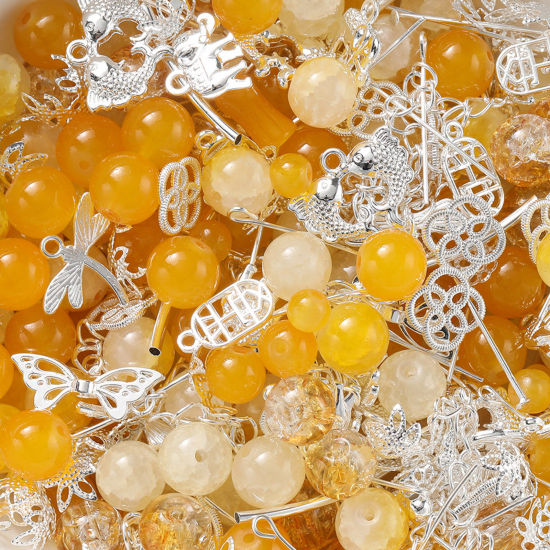 Bild von 1 Packung Zinklegierung & Glas Perlen-DIY-Kits für Armbänder, Halsketten, Schmuckherstellung, handgefertigte Accessoires Silbrig Orange Zufällig gemischt
