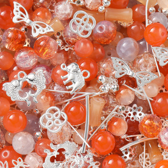 Bild von 1 Packung Zinklegierung & Glas Perlen-DIY-Kits für Armbänder, Halsketten, Schmuckherstellung, handgefertigte Accessoires Silbrig Orangerot Zufällig gemischt