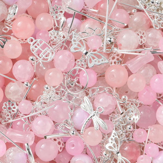 Bild von 1 Packung Zinklegierung & Glas Perlen-DIY-Kits für Armbänder, Halsketten, Schmuckherstellung, handgefertigte Accessoires Silbrig Rosa Zufällig gemischt