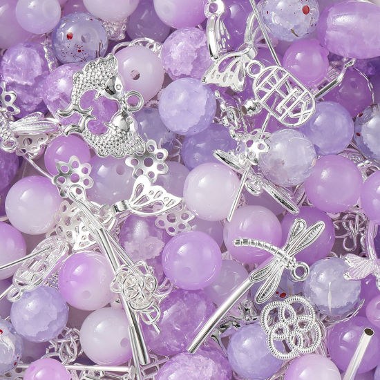 Bild von 1 Packung Zinklegierung & Glas Perlen-DIY-Kits für Armbänder, Halsketten, Schmuckherstellung, handgefertigte Accessoires Silbrig Lila Zufällig gemischt