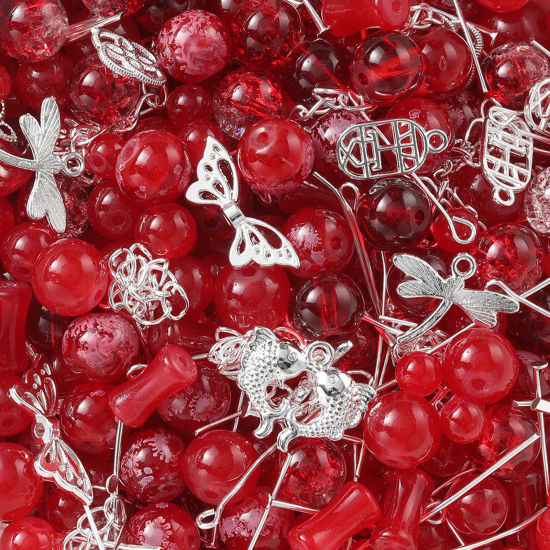 Bild von 1 Packung Zinklegierung & Glas Perlen-DIY-Kits für Armbänder, Halsketten, Schmuckherstellung, handgefertigte Accessoires Silbrig Rot Zufällig gemischt