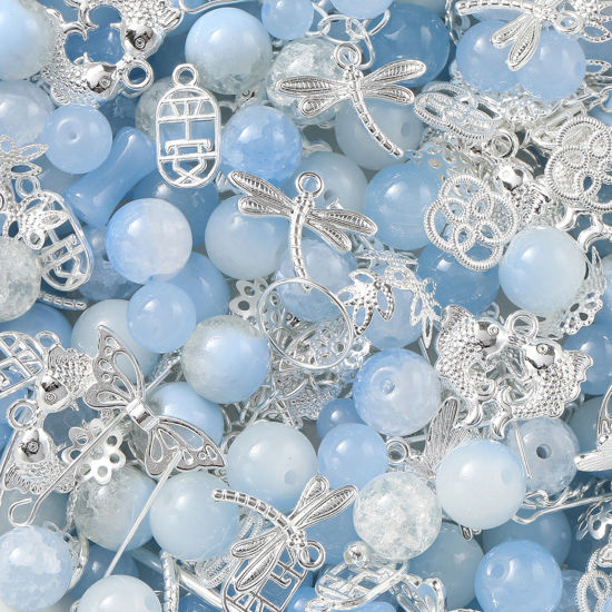 Bild von 1 Packung Zinklegierung & Glas Perlen-DIY-Kits für Armbänder, Halsketten, Schmuckherstellung, handgefertigte Accessoires Silbrig Azurblau Zufällig gemischt