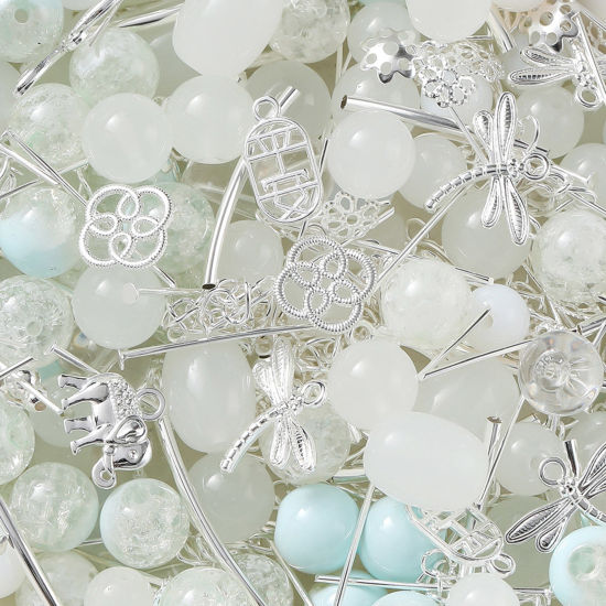 Bild von 1 Packung Zinklegierung & Glas Perlen-DIY-Kits für Armbänder, Halsketten, Schmuckherstellung, handgefertigte Accessoires Silbrig Weiß Zufällig gemischt