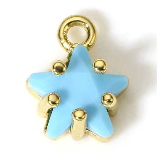 Image de 2 Pcs Breloques en Laiton & Verre Etoile Plaqué Or Véritable 18K Bleu 9.5mm x 7.5mm