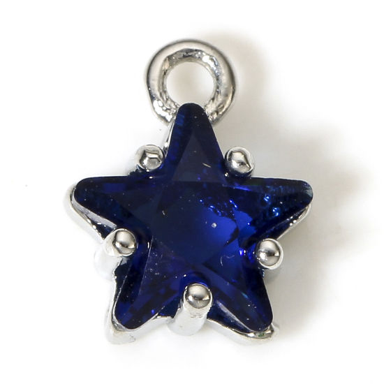 Image de 2 Pcs Breloques en Laiton & Verre Etoile Plaqué Platine Véritable Bleu Foncé 9.5mm x 7.5mm